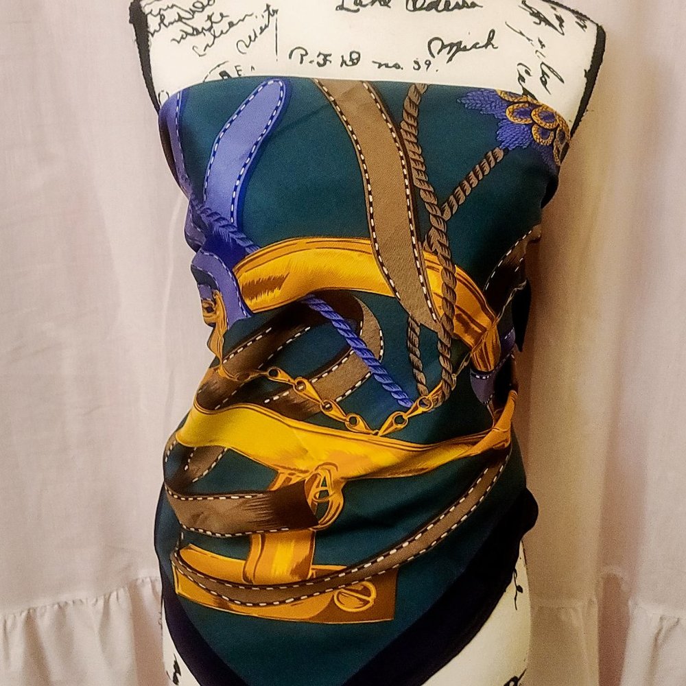 Celine Navy Blue Brown Gold Printed Silk Scarf - Picture 5 of 13